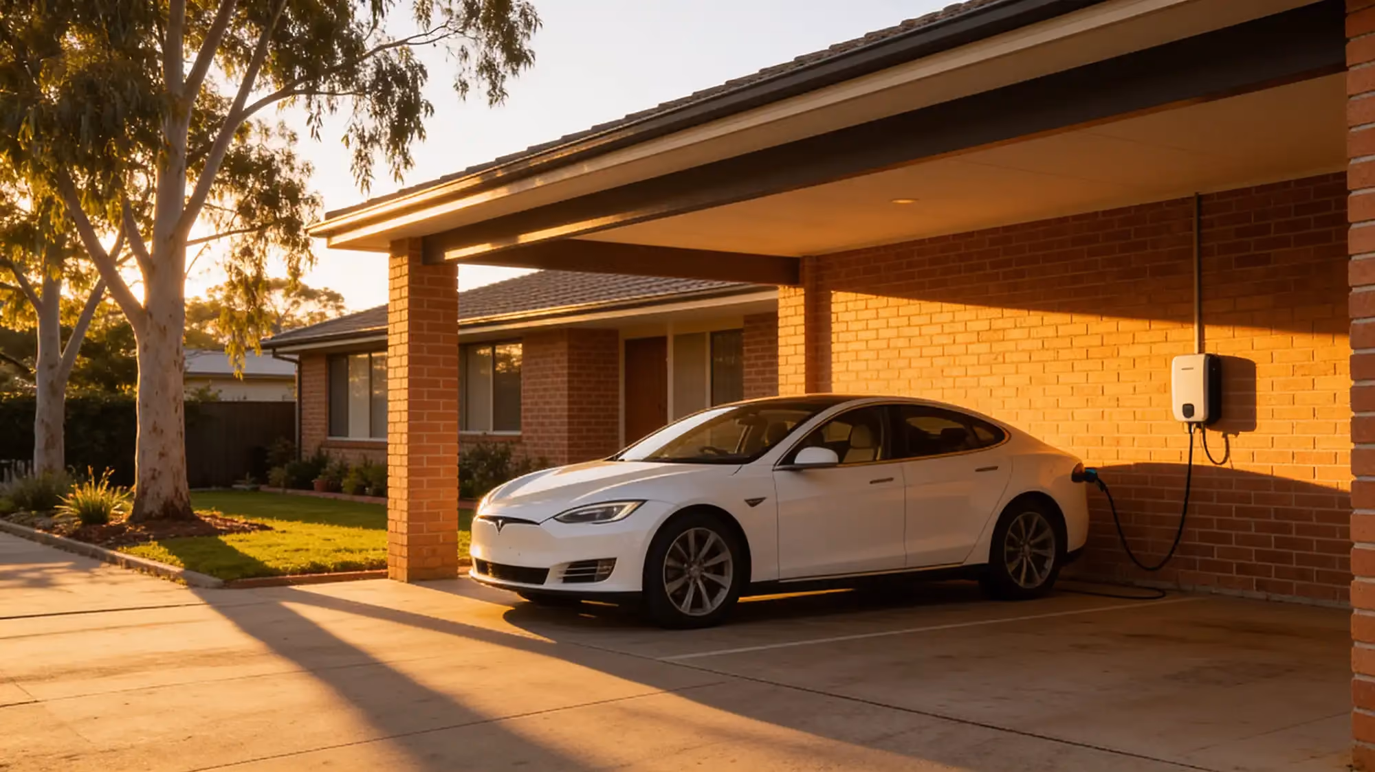 White electric car charging from a wall-mounted EV charger in a brick carport at sunset