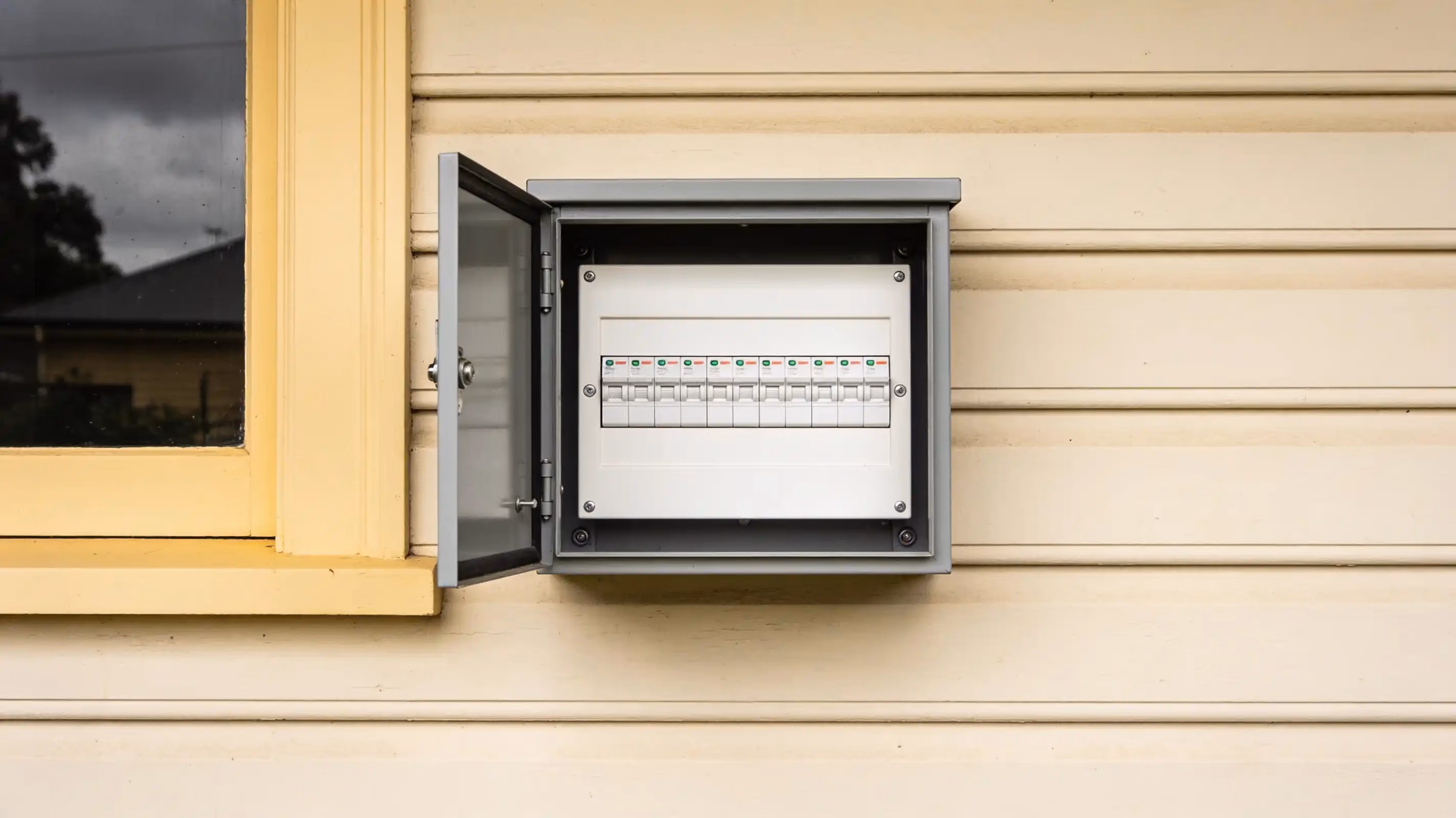 New switchboard with a row of circuit breakers and safety switches in an open grey enclosure on a weatherboard wall, beside a window