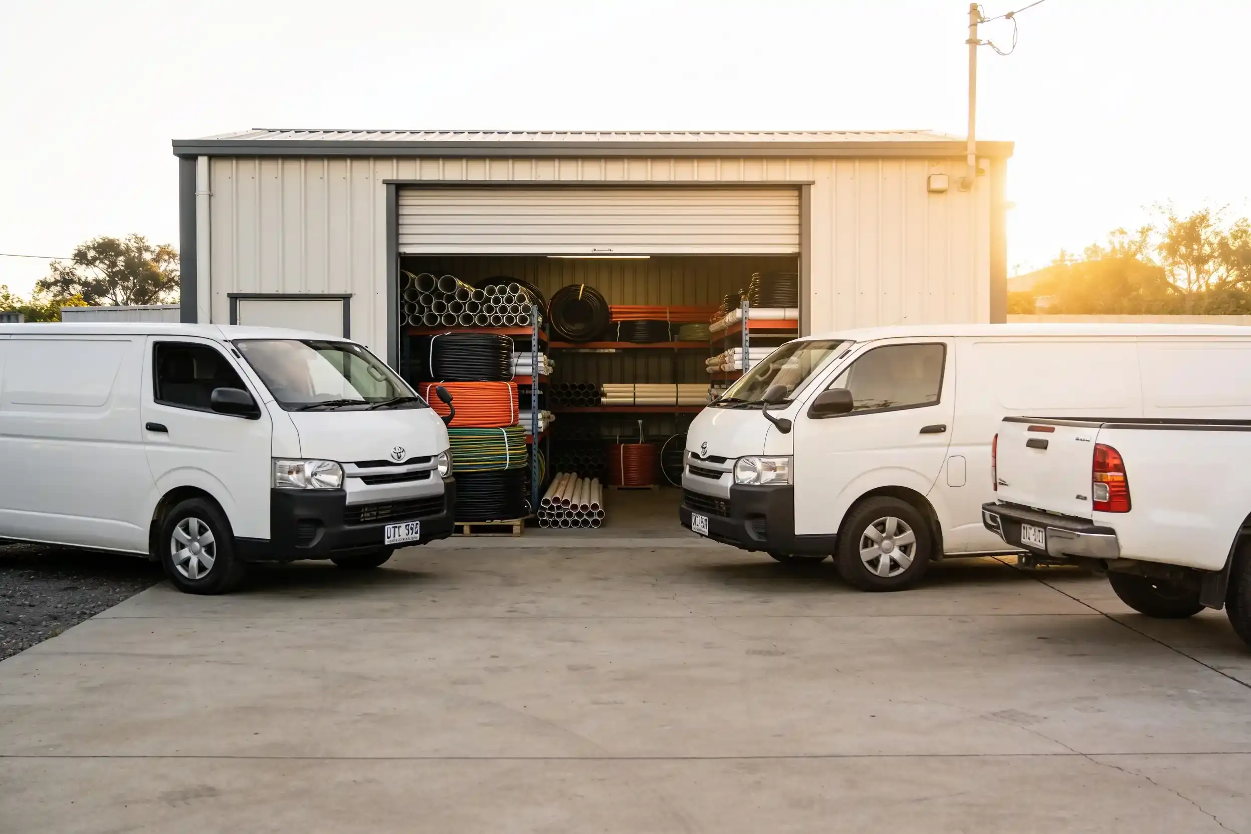 Two white vans and a ute parked outside a workshop, its roller door open on racks of cable and conduit