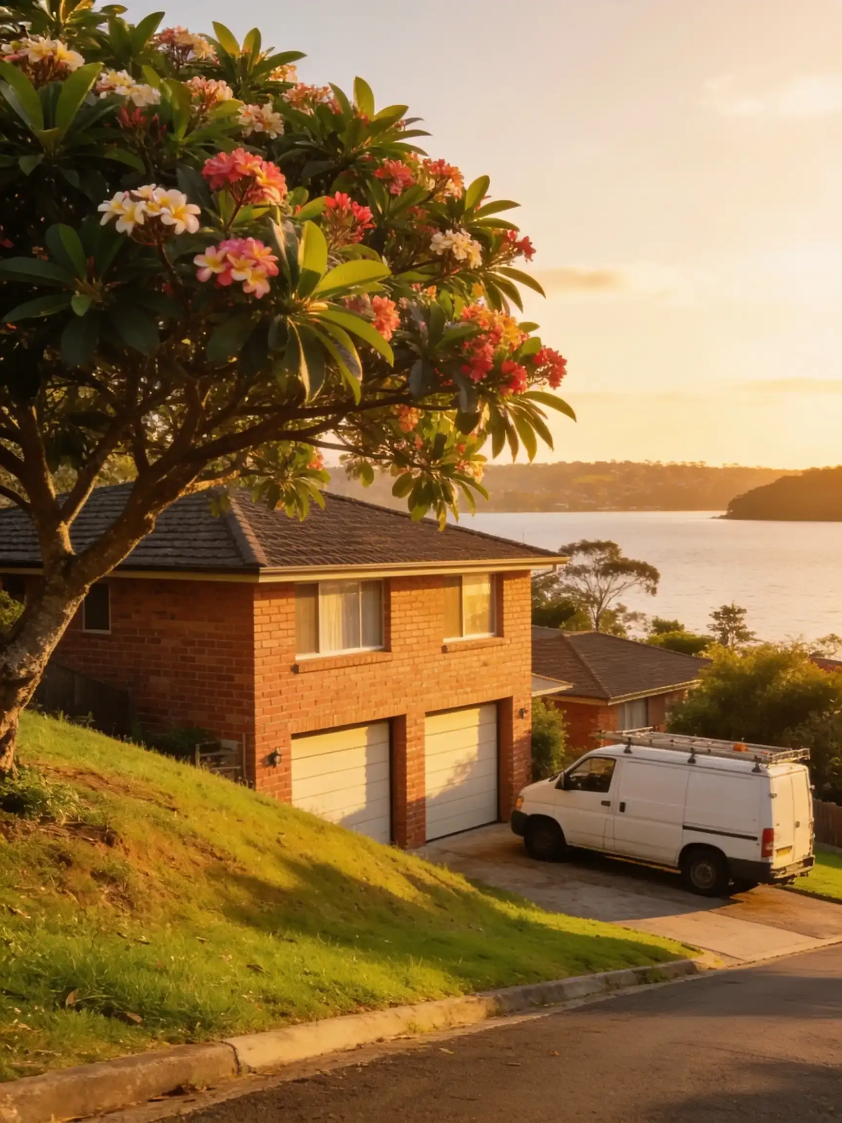 A brick home with a double garage on a hillside street, a frangipani in flower and a white work van, the lake below